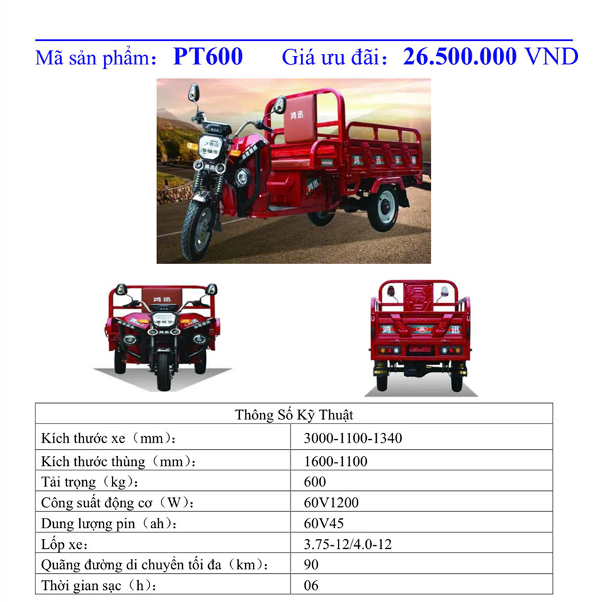 Mẫu xe ba bánh điện chở hàng PT600 (thông số kỹ thuật và giá ưu đãi)